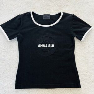Anna Sui Black Stretchy Fitted T-Shirt with White Trim Top size XS-S